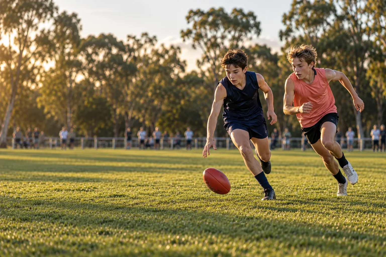 Two junior Aussie rules players chase the ball on a suburban oval